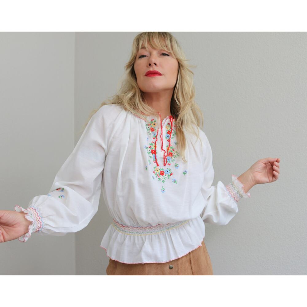 1940's Vintage Hungarian Embroidered Peasant Folk Blouse ~ Women's XS SM MD